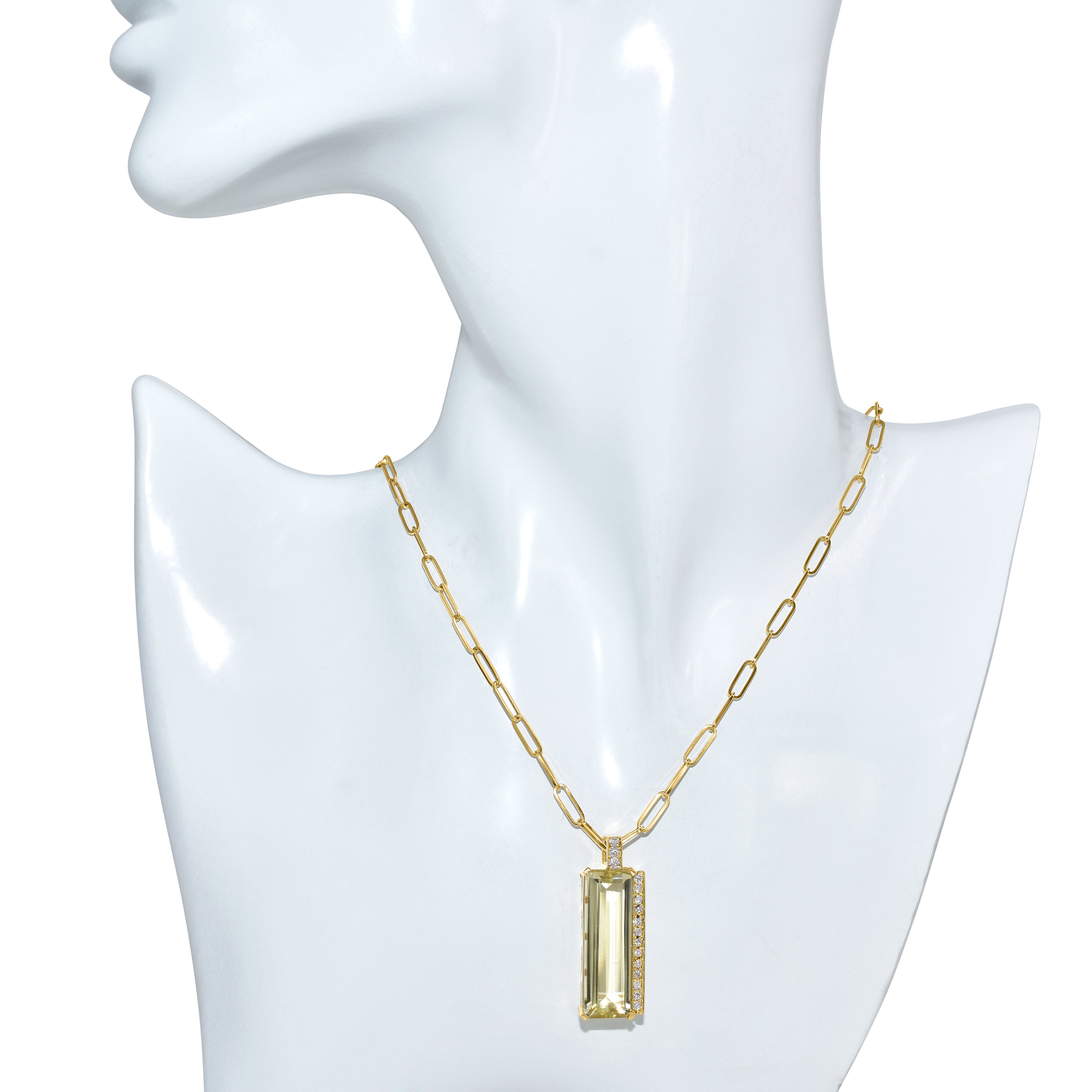 14k Lemon Quartz Diamond Emerald Cut Pendant Necklace