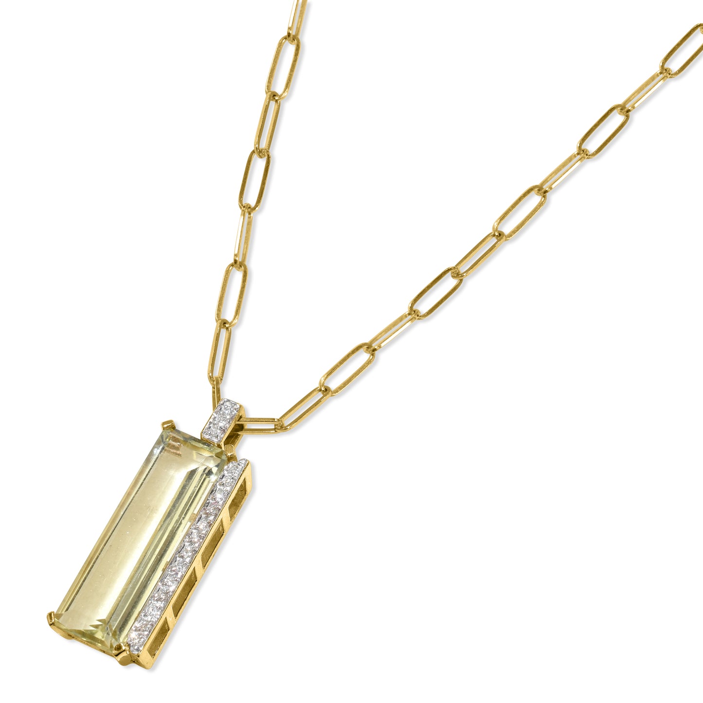 14k Lemon Quartz Diamond Emerald Cut Pendant Necklace