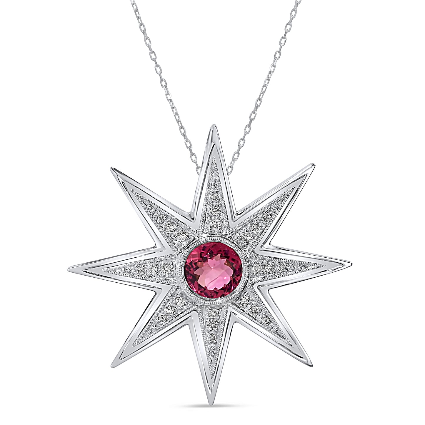 14K White Gold Pink Tourmaline 9mm Diamond Pendant