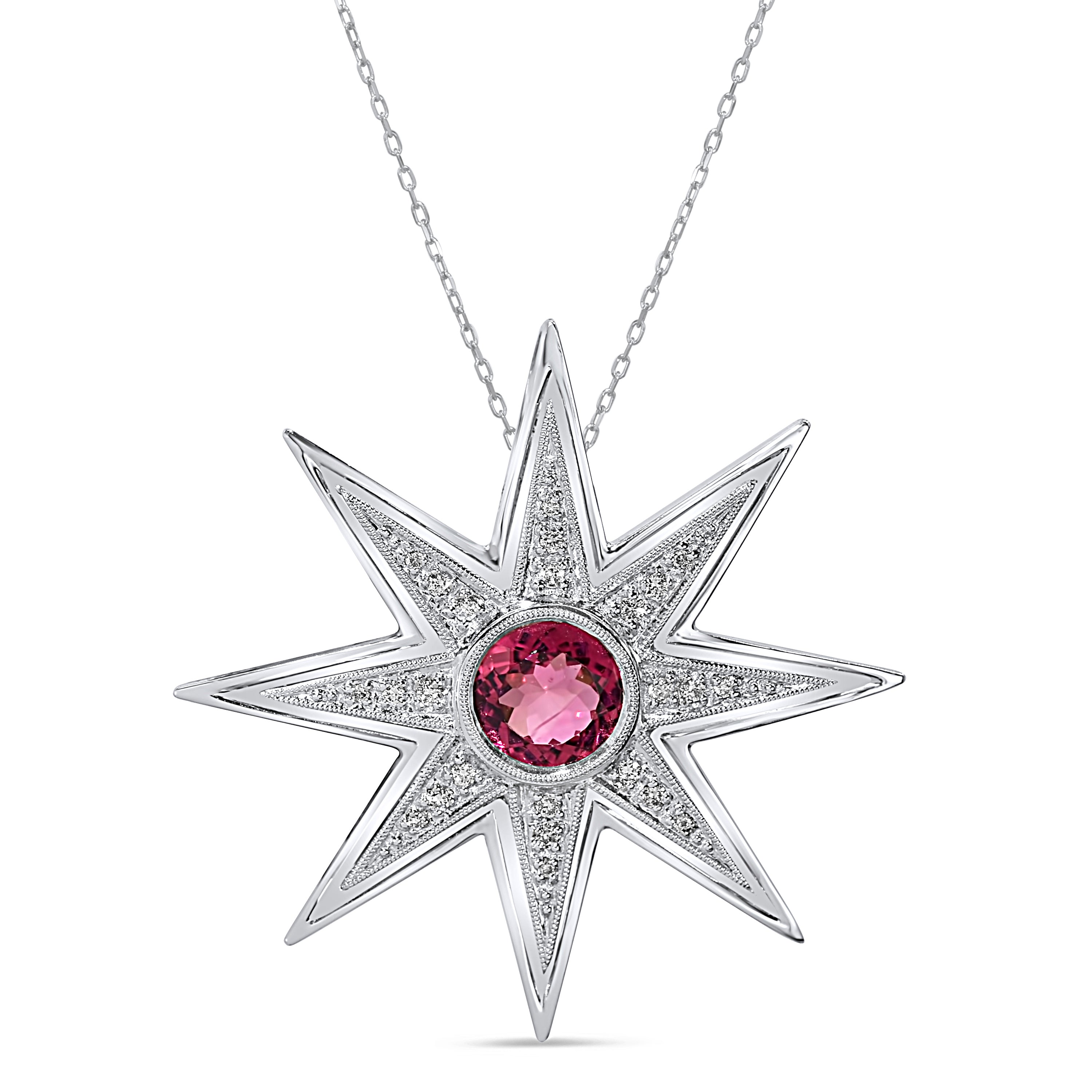 14K White Gold Pink Tourmaline 9mm Diamond Pendant