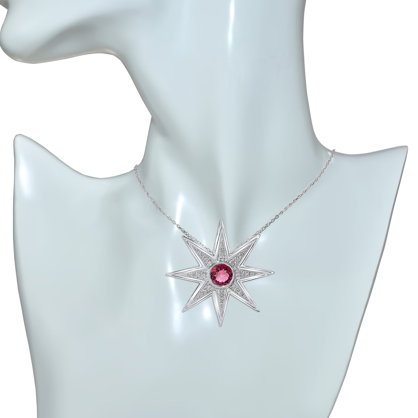 14K White Gold Pink Tourmaline 9mm Diamond Pendant