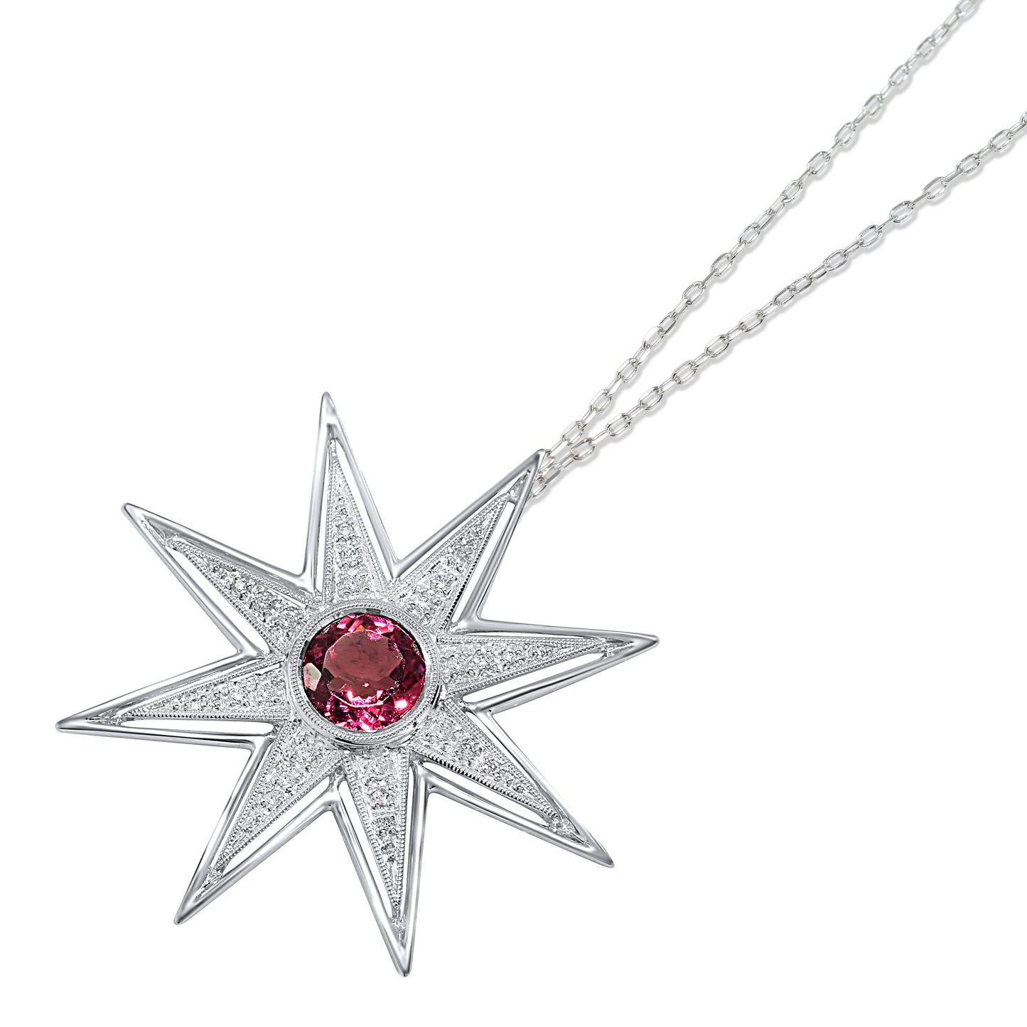 14K White Gold Pink Tourmaline 9mm Diamond Pendant