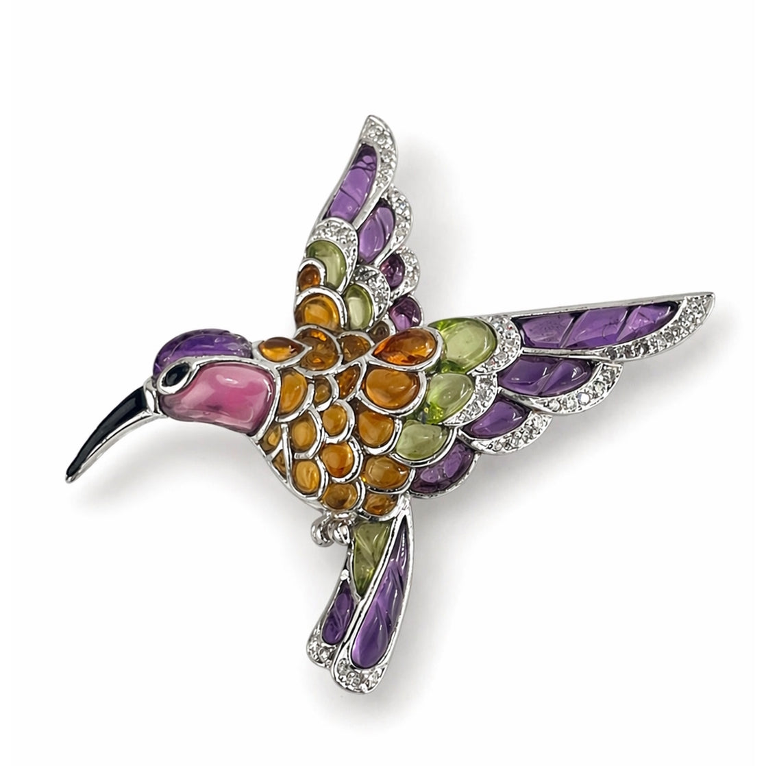 14k White Gold Multi Gemstone Diamond Bird Pin