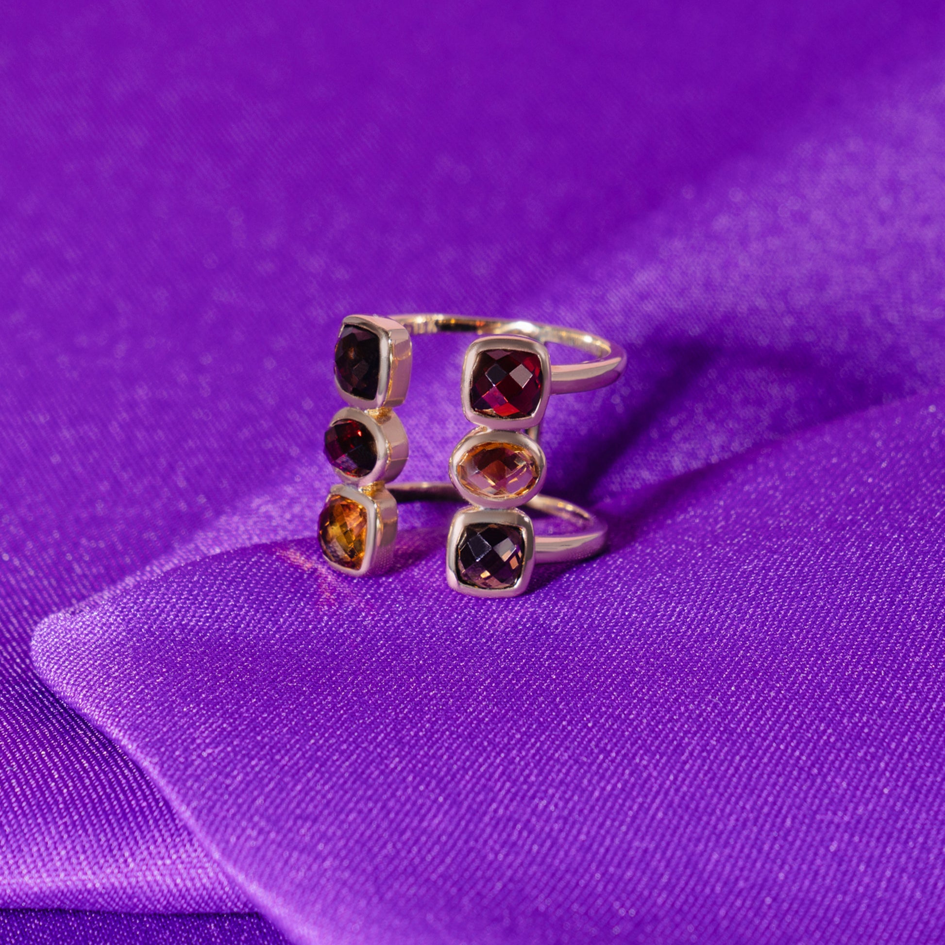 14k Smoky Quartz, Citrine, and Garnet Open Ring