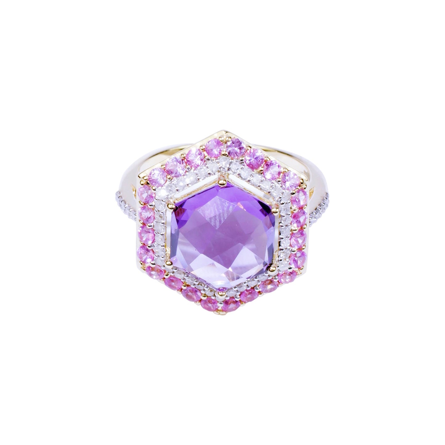 14k Pink Sapphire Amethyst Hexagon Diamond Ring