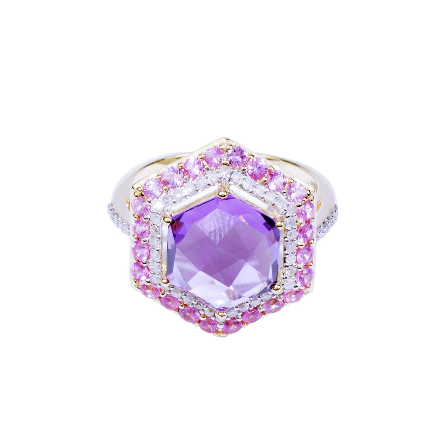 14k Pink Sapphire Amethyst Hexagon Diamond Ring