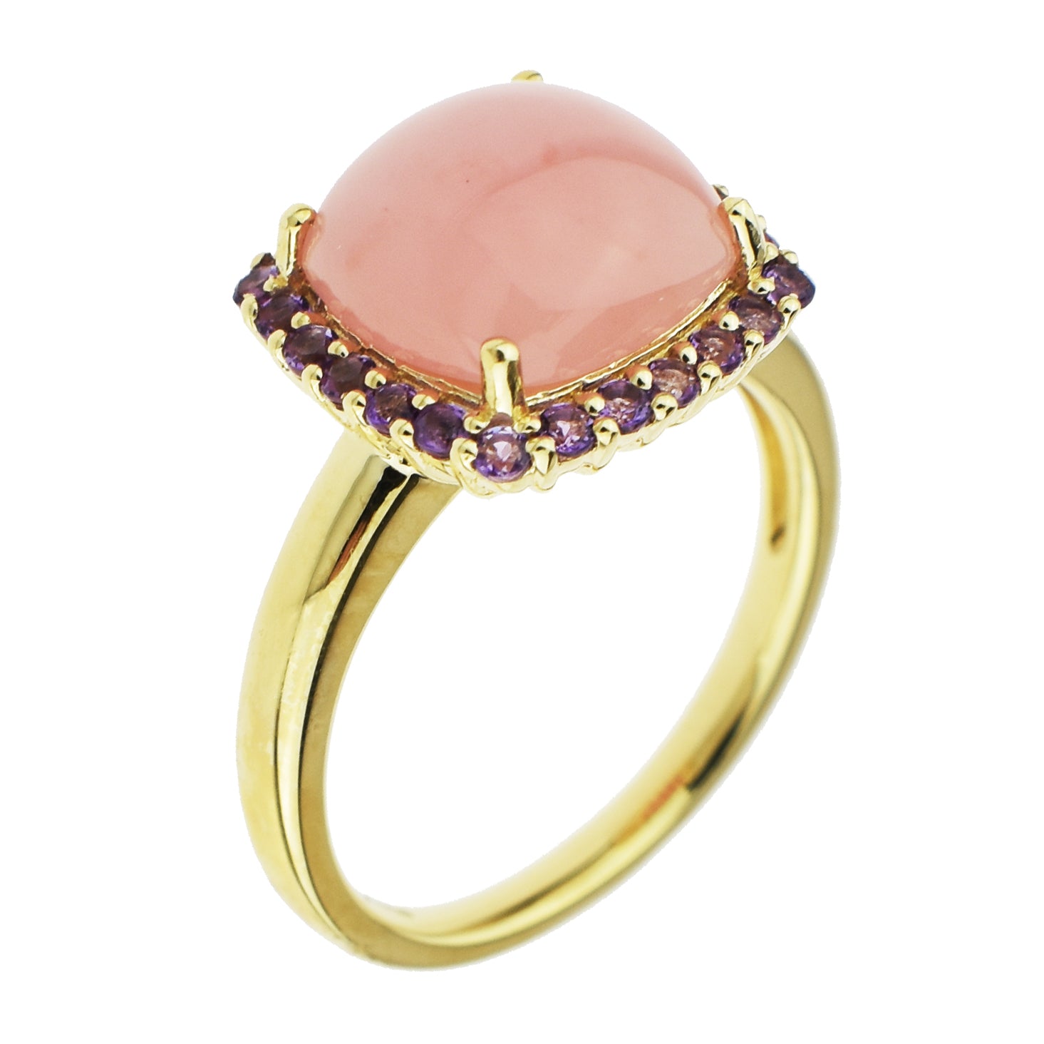 14k Guava Qz Cushion & Amethyst Ring