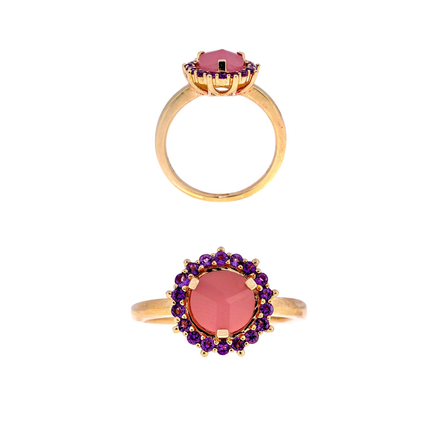 14k Guava Quartz Round 3D Cut Amethyst Ring