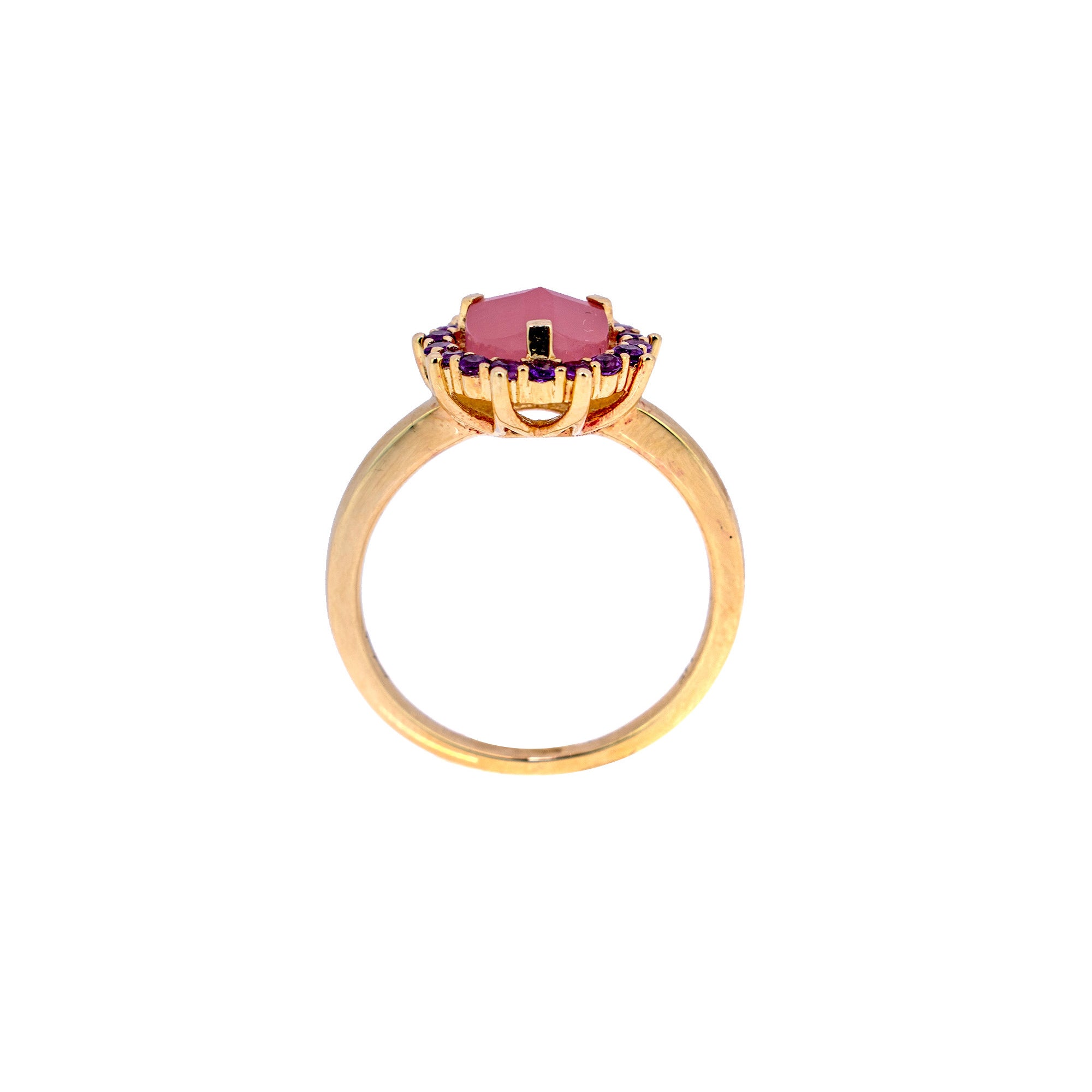 14k Guava Quartz Round 3D Cut Amethyst Ring
