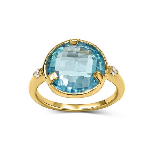 14k Swiss Blue Topaz Round VS Diamond Ring