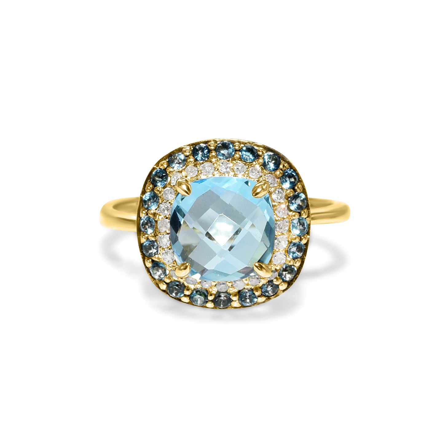 14k London Swiss Blue Topaz Diamond Cushion Shape Ring