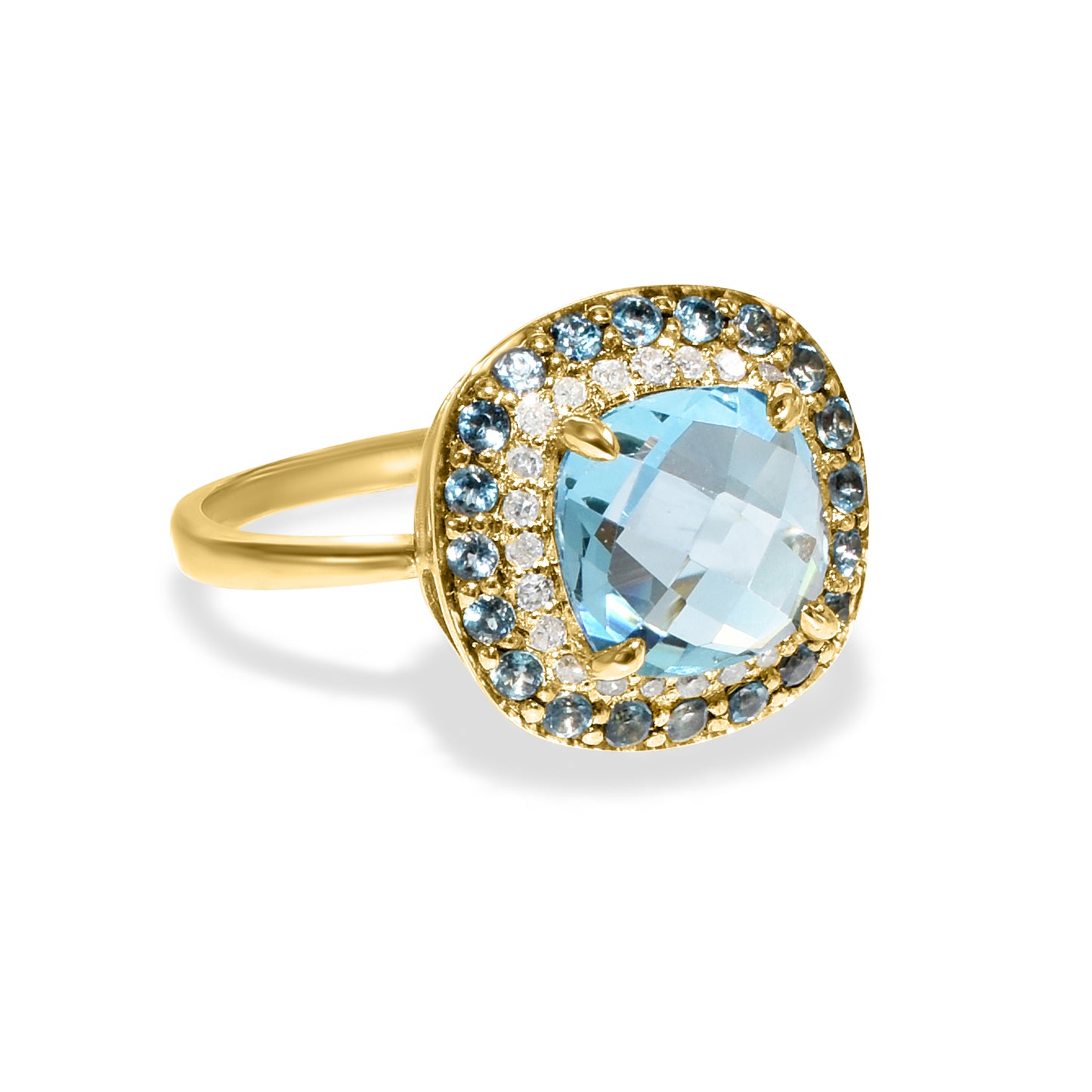 14k London Swiss Blue Topaz Diamond Cushion Shape Ring