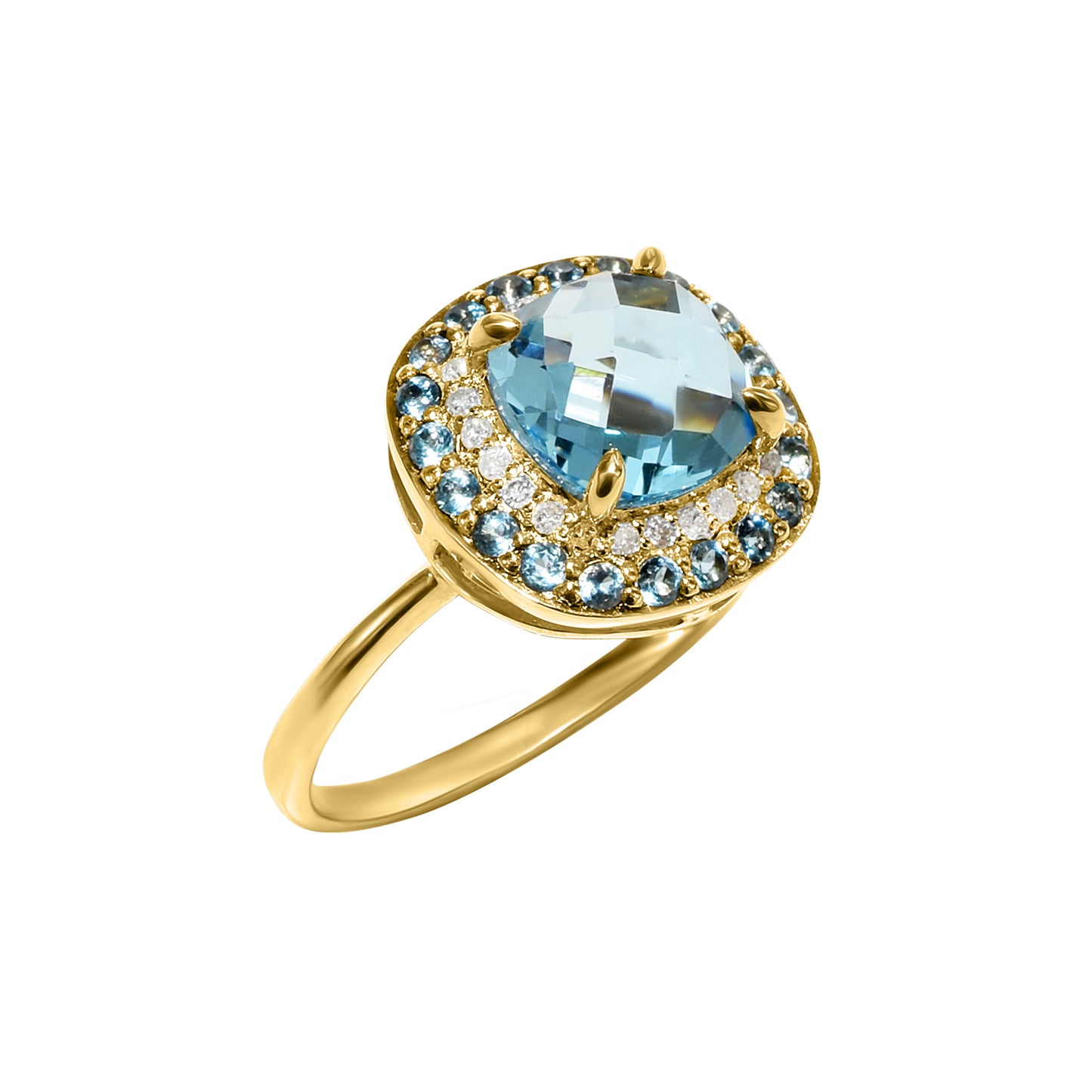 14k London Swiss Blue Topaz Diamond Cushion Shape Ring