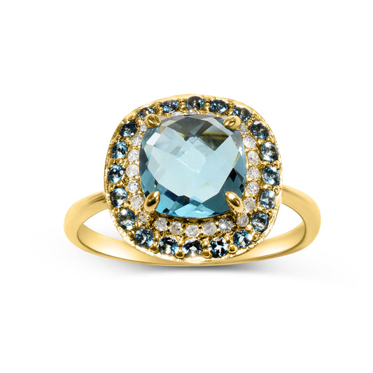 14k London Swiss Blue Topaz Diamond Cushion Shape Ring