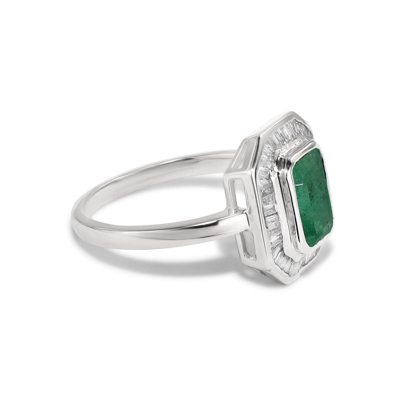14k White Gold Emerald Rectangle Diamond Ring