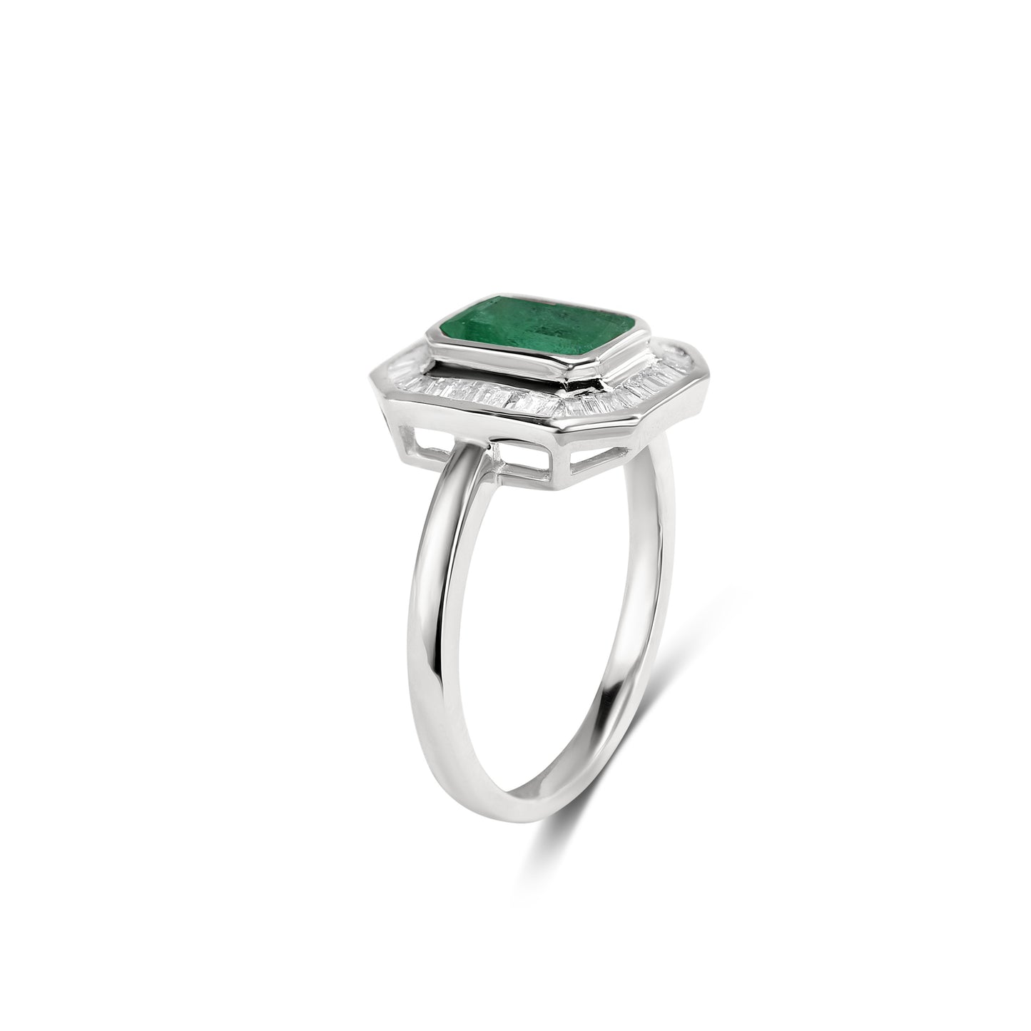 14k White Gold Emerald Rectangle Diamond Ring