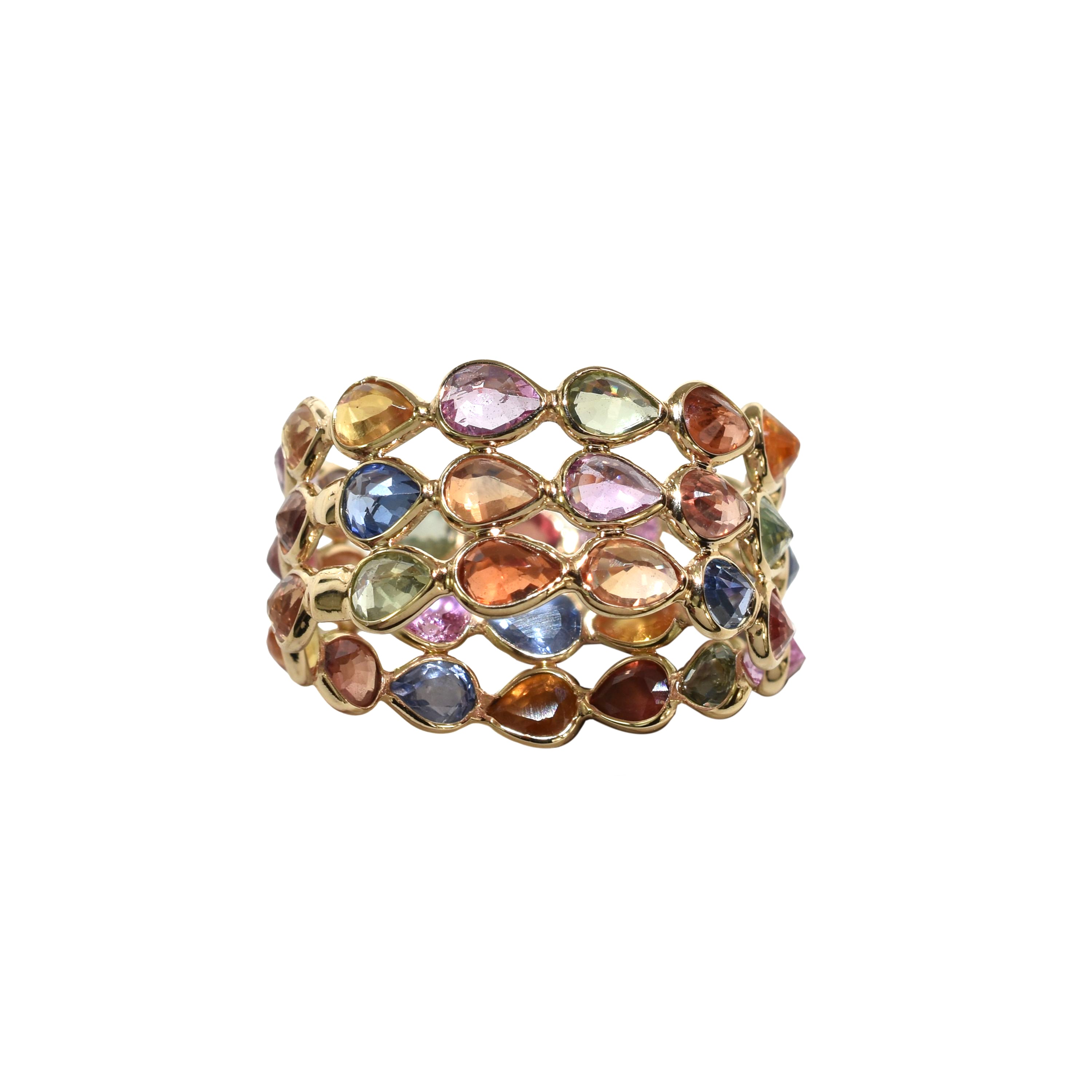 14k Multi Sapphire 3 Row Pear Shapped Ring