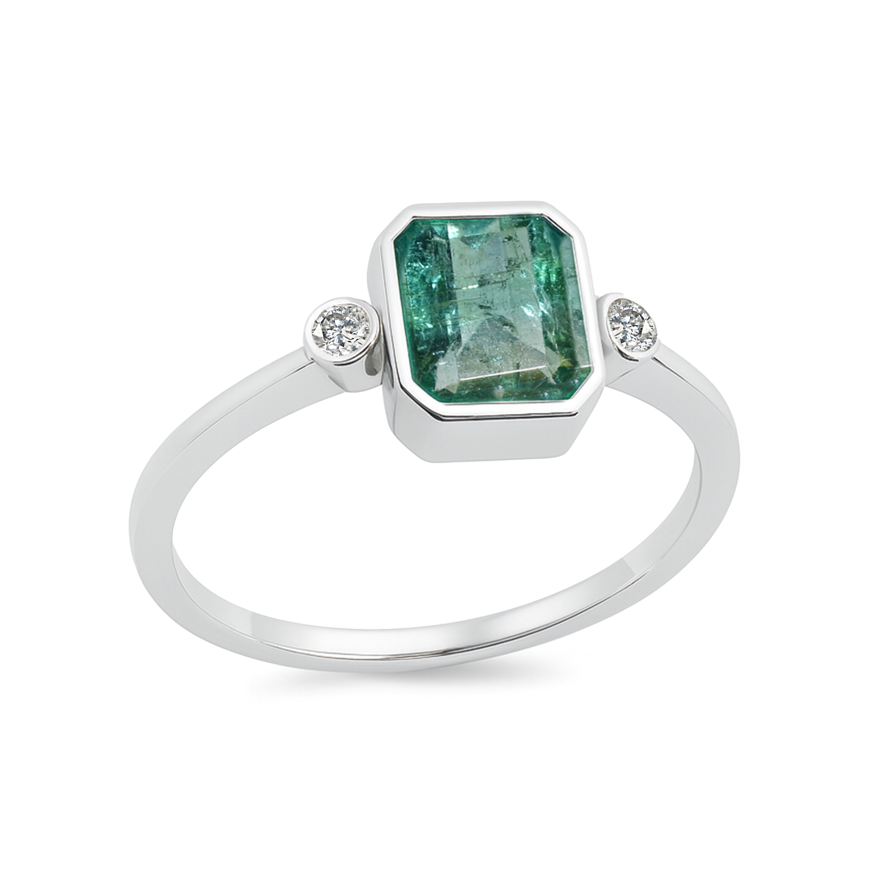 14k White Gold Emerald Diamond Rectangle Bezel Ring