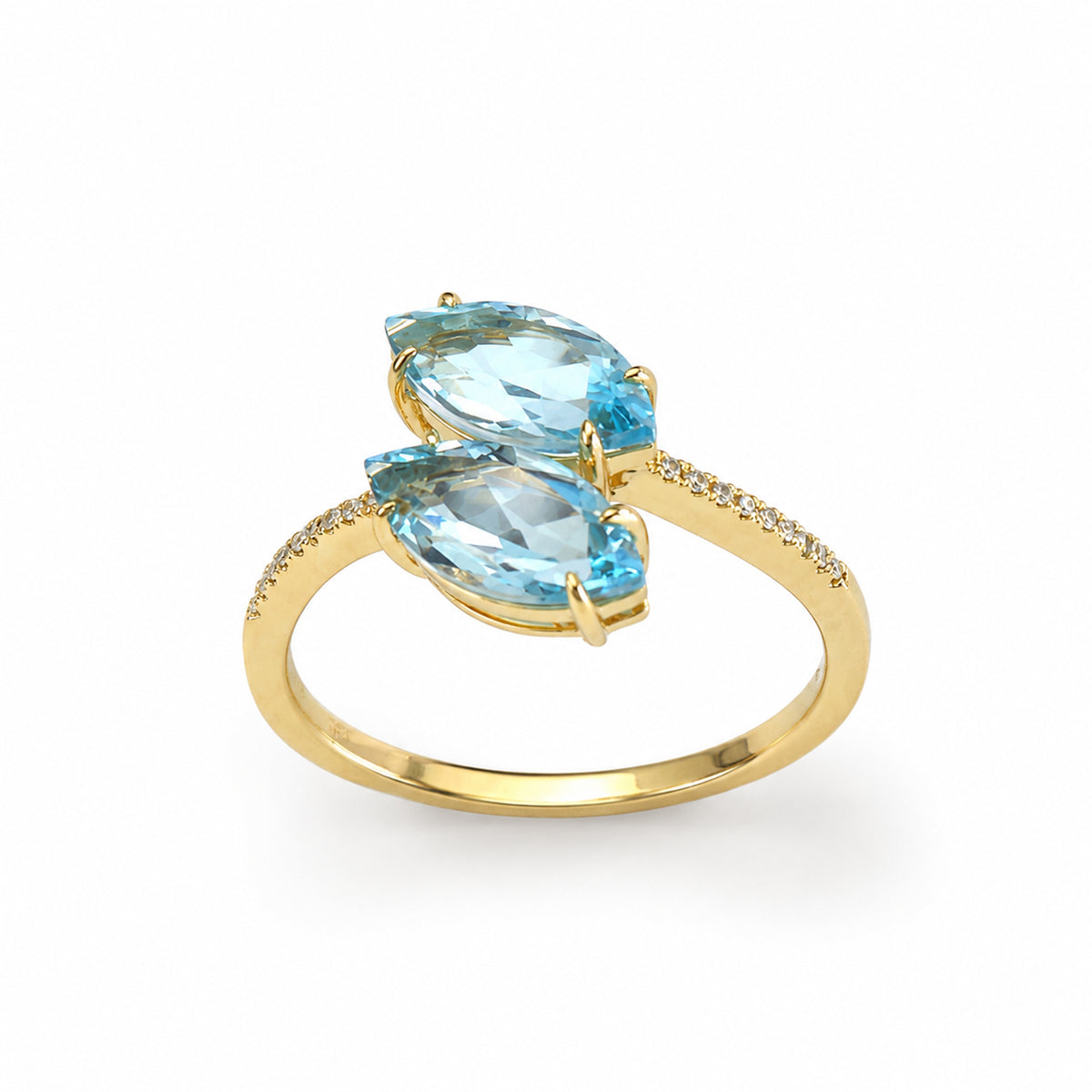 14k 2 Marquise Sky Blue Topaz & Diamonds Ring
