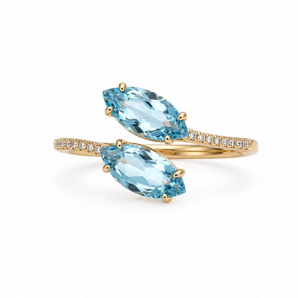 14k 2 Marquise Sky Blue Topaz & Diamonds Ring