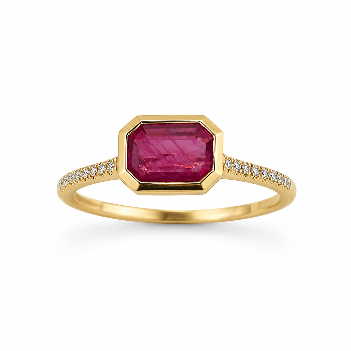 14k Octagon Bezel Precious Stone With Diamonds Ring