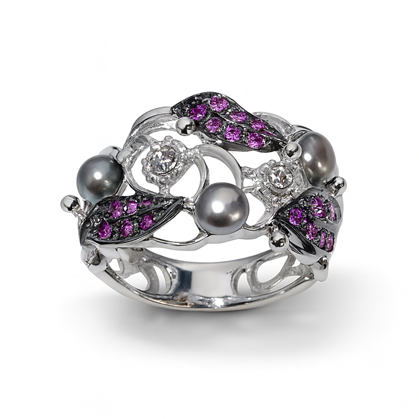 18k White Gold Diamond Grey Pearl Pink Sapphire Ring