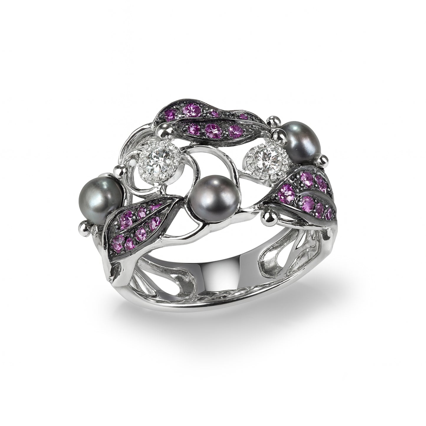 18k White Gold Diamond Grey Pearl Pink Sapphire Ring