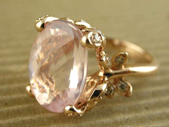 14Kp Rose Quartz 8.51Cts,Bdia 0.63Cts Ring -Size 7