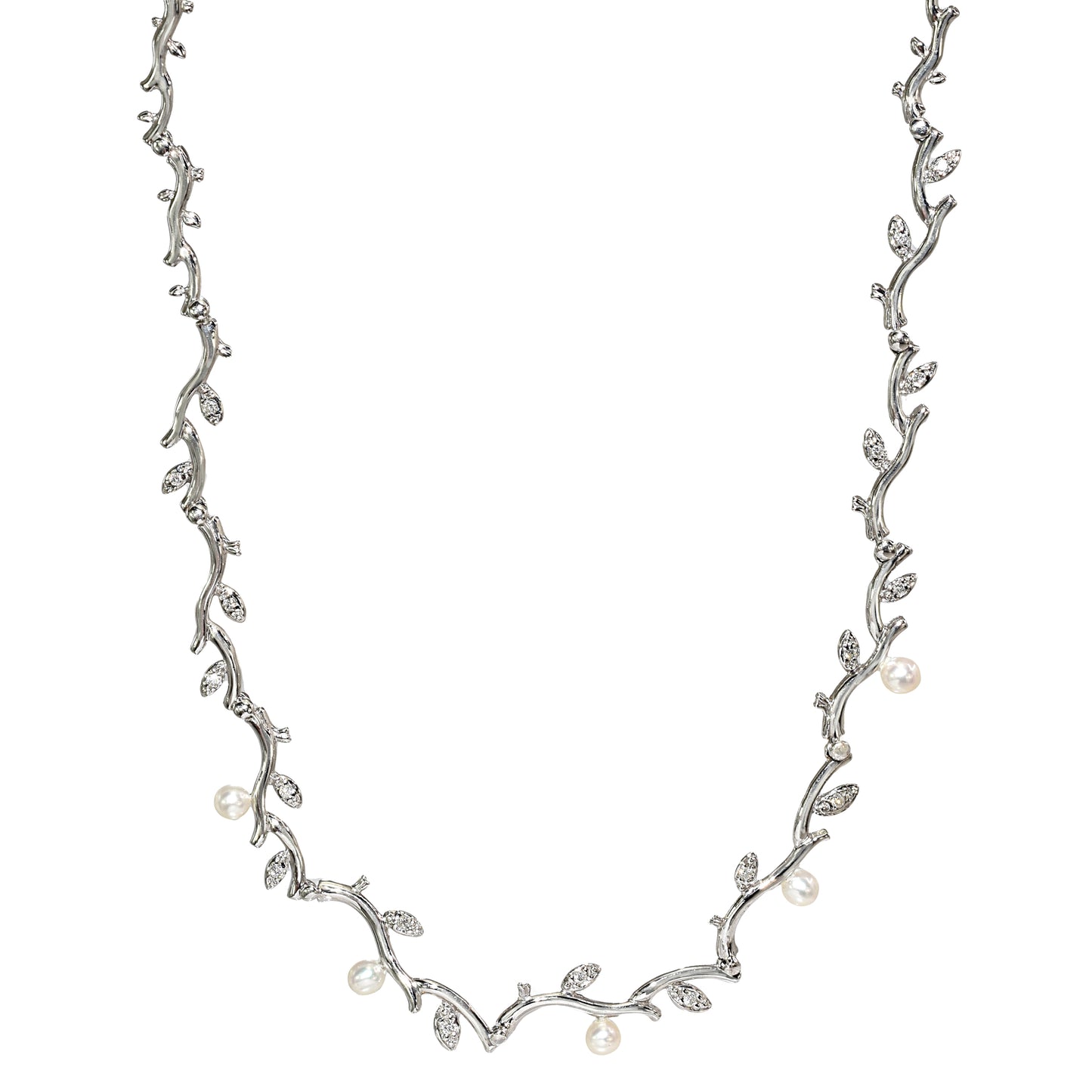 14k White Gold Fresh Water Pearl Diamond Leaf Branch Necklace