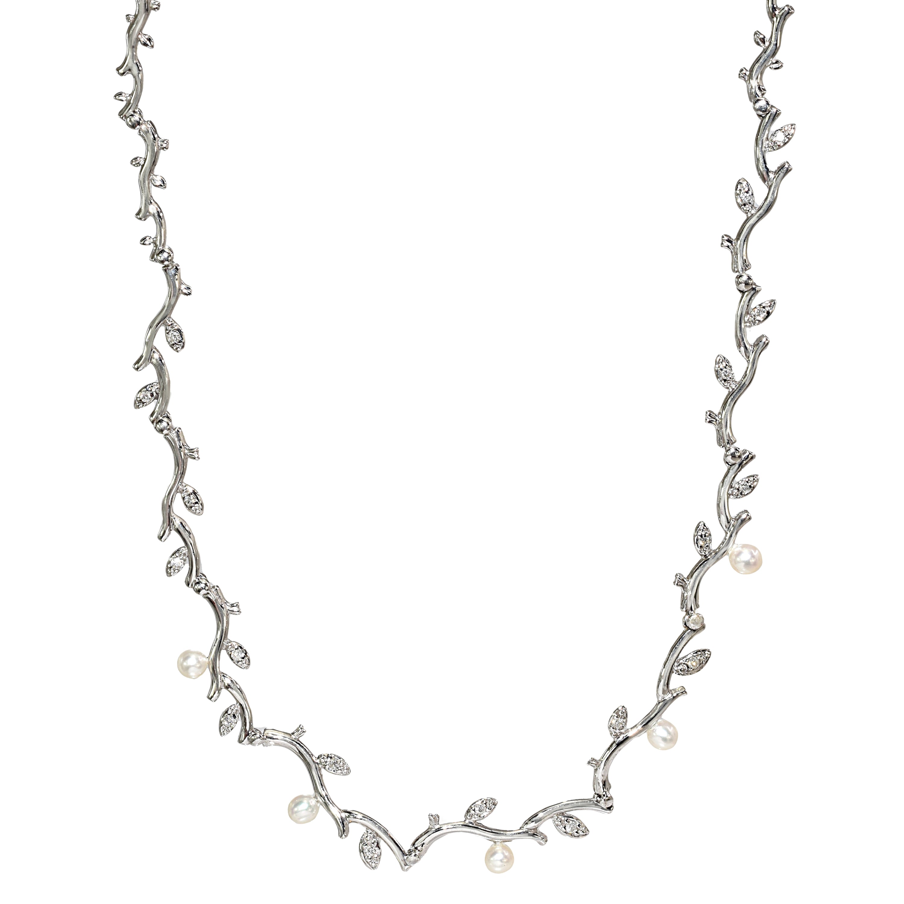 14k White Gold Fresh Water Pearl Diamond Leaf Branch Necklace