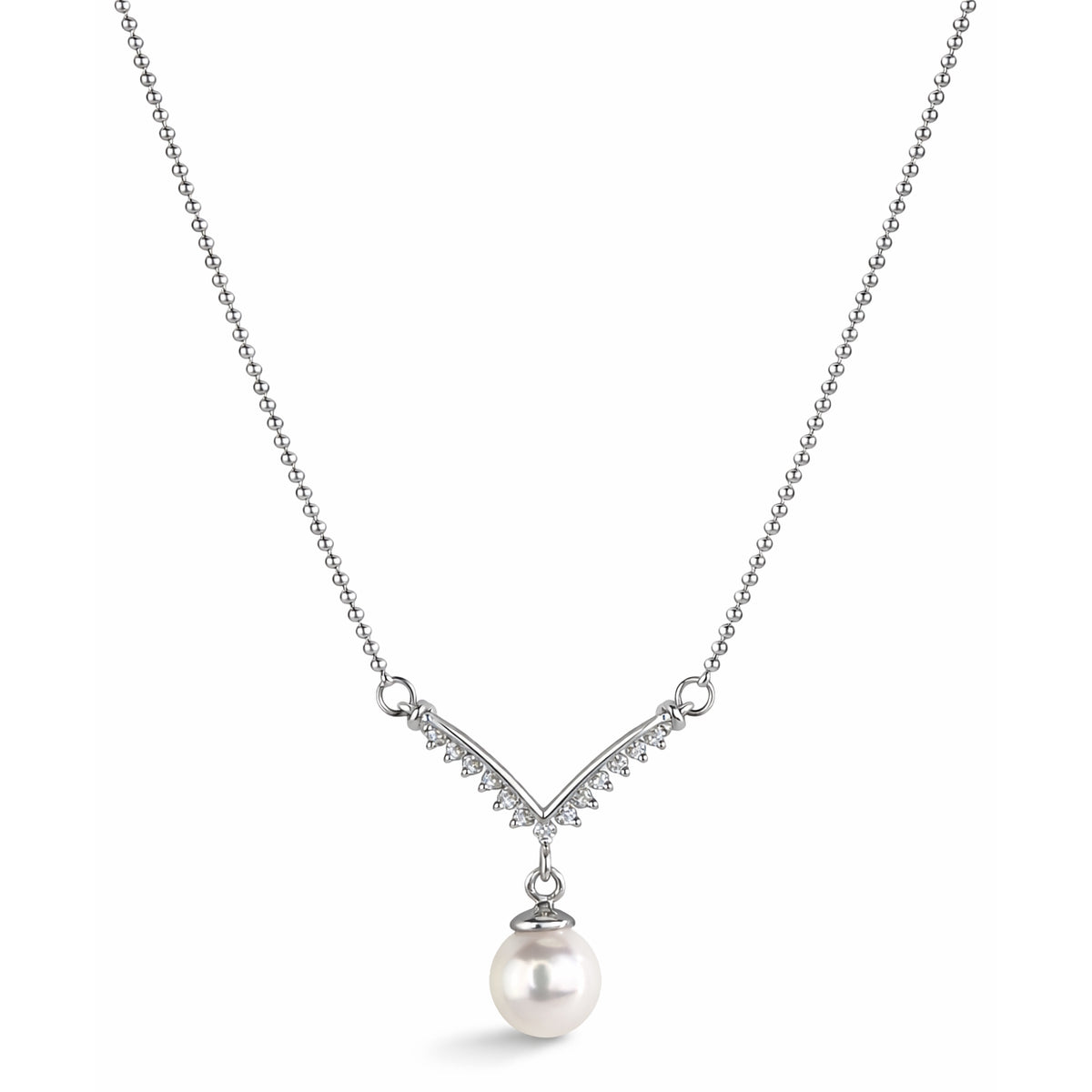 14k White Gold Japanese Cult Pearl & Diamonds Motif Necklace