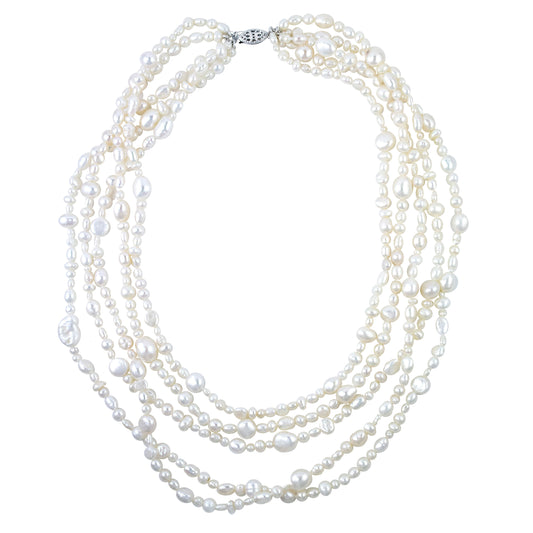 Serling Silver White Freshwater Pearl 5 Rows Rorsde Necklace