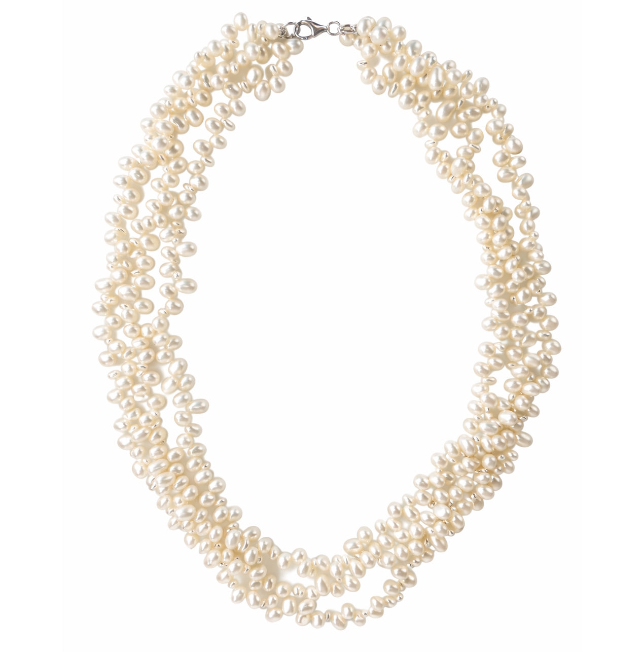 Sterling Silver White Pearl 3 Strand Cluster Necklace