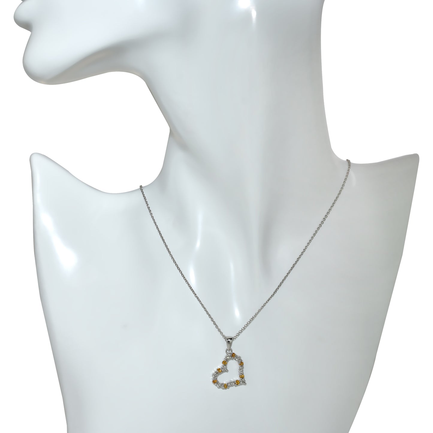 Sterling Silver Diamond & Citrine Open Heart Pendant Necklace 18"