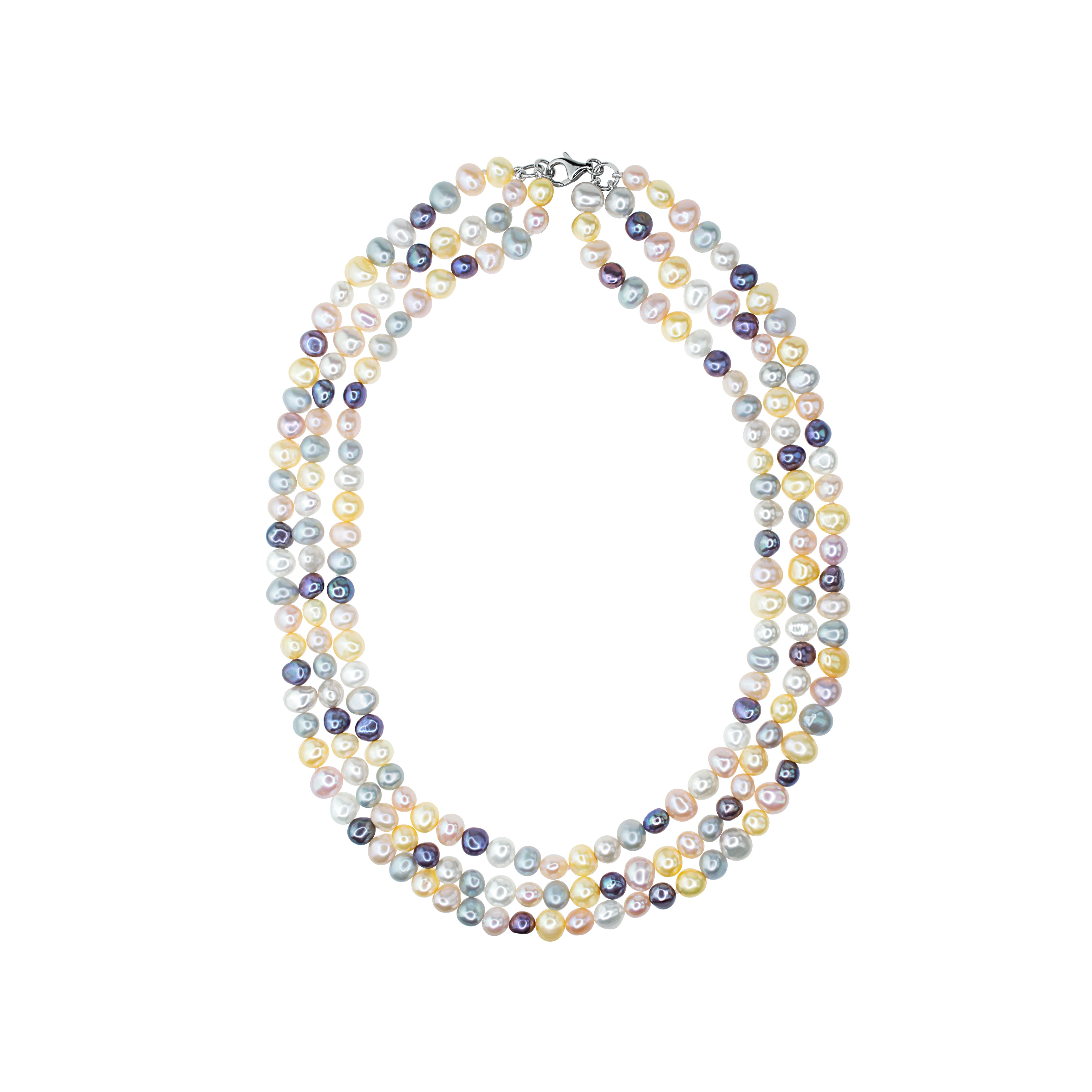 Sterling Silver Multi Colors FW Pearl Baroque 3 Row Necklace