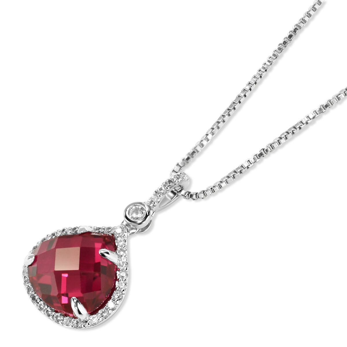 Sterling Silver Lab Grown Ruby & White Topaz Heart Pendant Necklace
