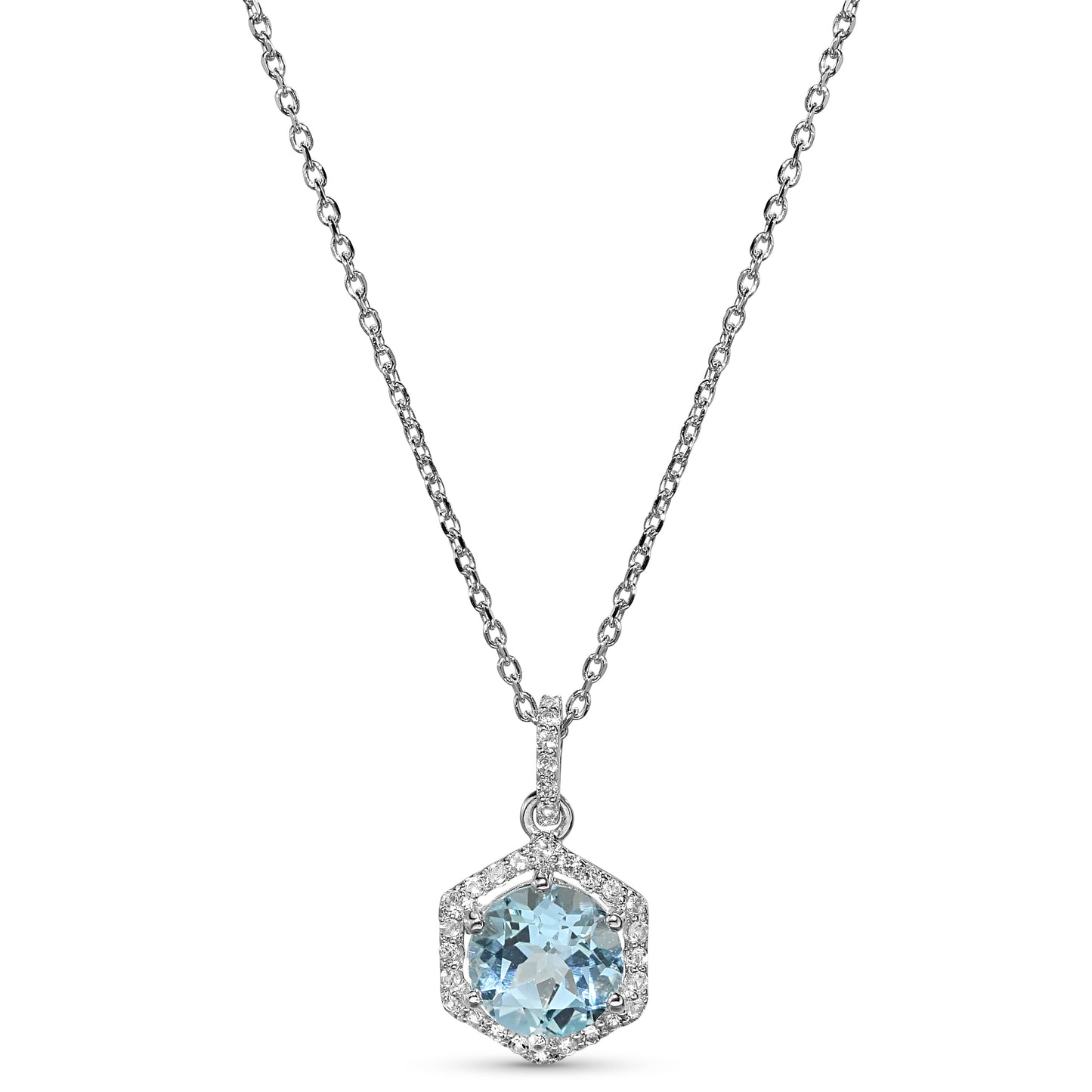Sterling Silver Blue/White Topaz Hexagon Pendant Necklace