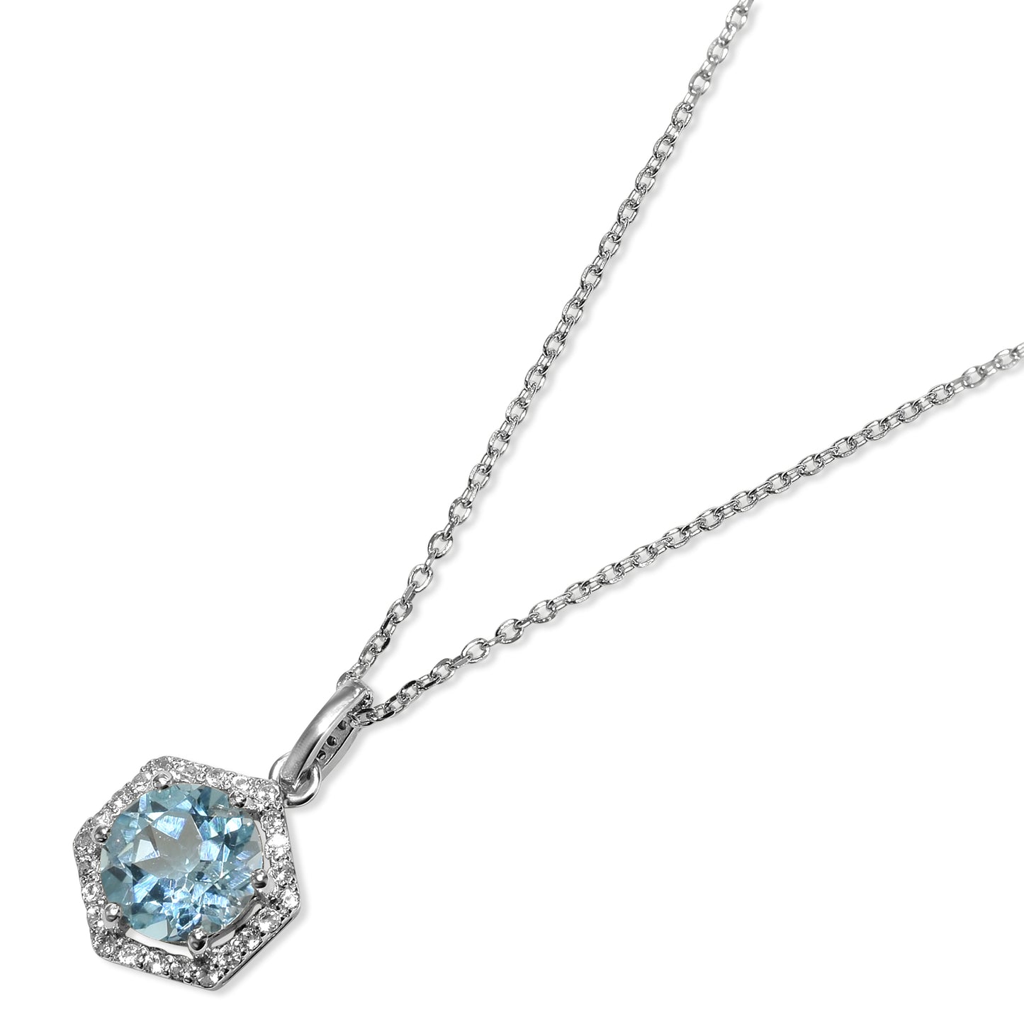 Sterling Silver Blue/White Topaz Hexagon Pendant Necklace