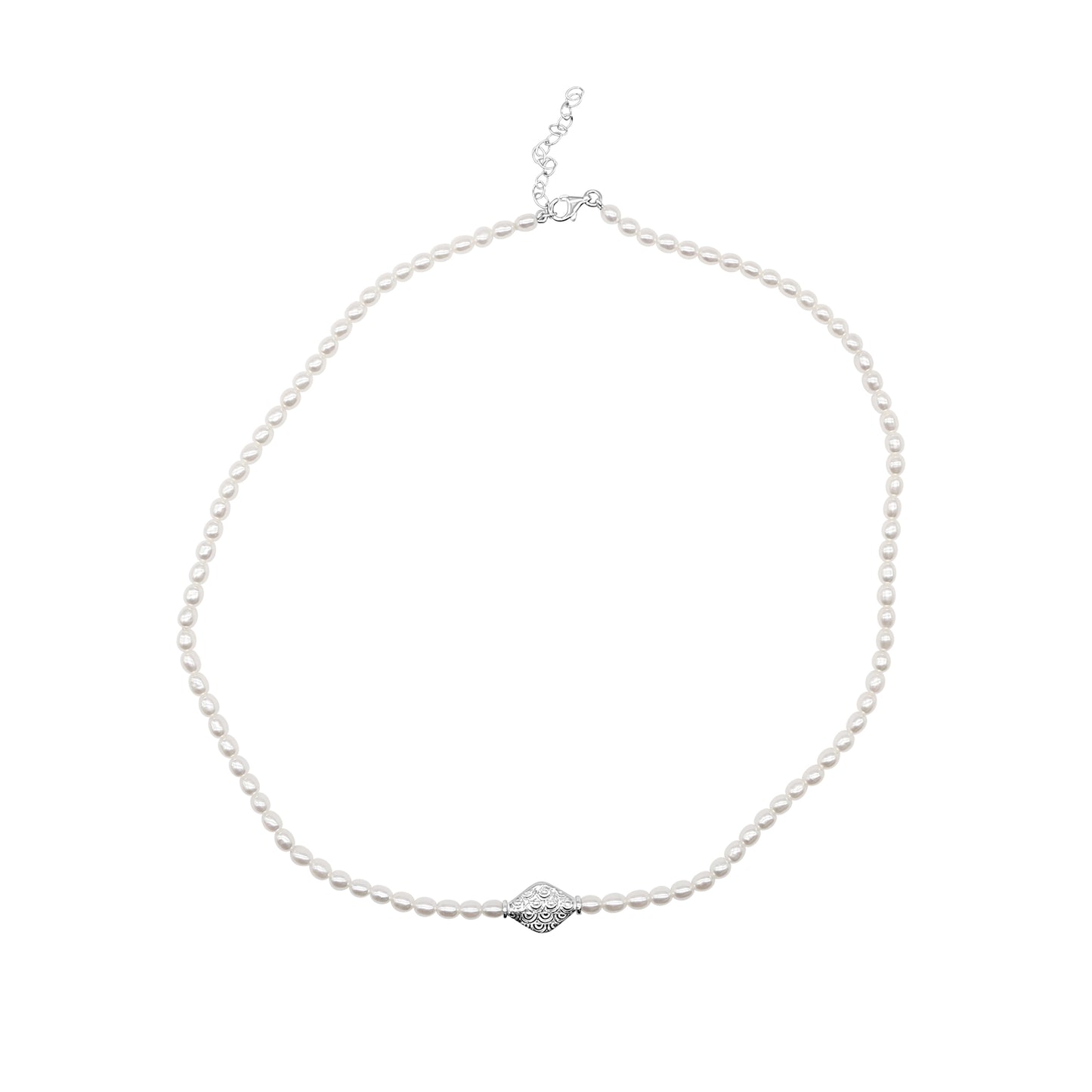 Sterling Silver White Freshwater Pearl with Silver Bead Center Necklace 18/20"