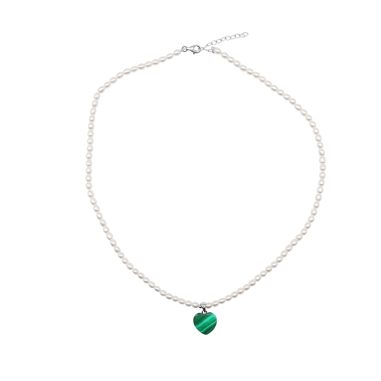 Sterling Silver White Freshwater Pearl Green Malachite Heart Pendant Necklace 18/19.5"