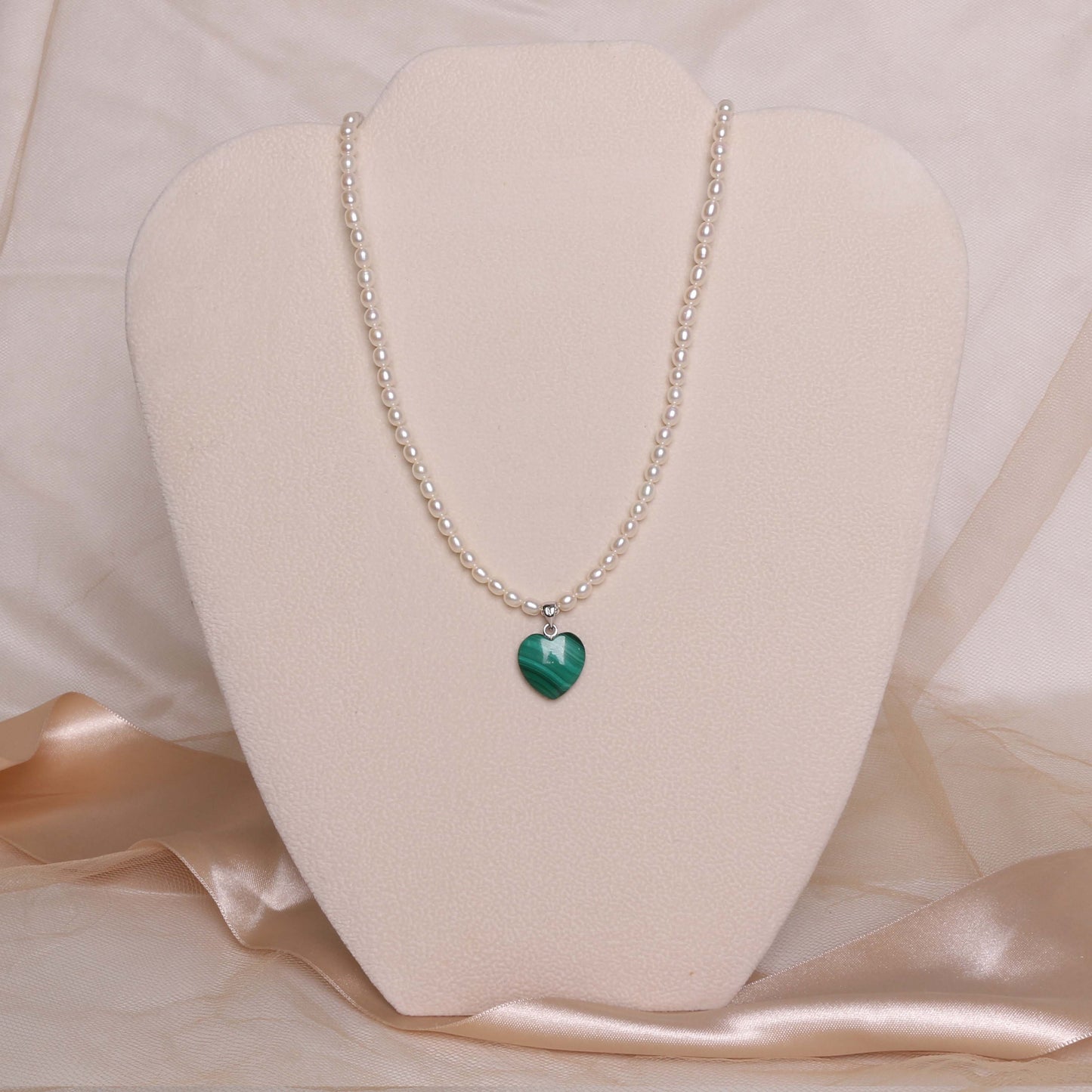 Sterling Silver White Freshwater Pearl Green Malachite Heart Pendant Necklace 18/19.5"