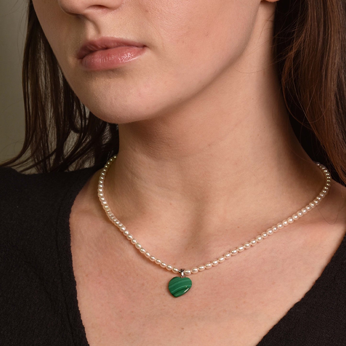 Sterling Silver White Freshwater Pearl Green Malachite Heart Pendant Necklace 18/19.5"