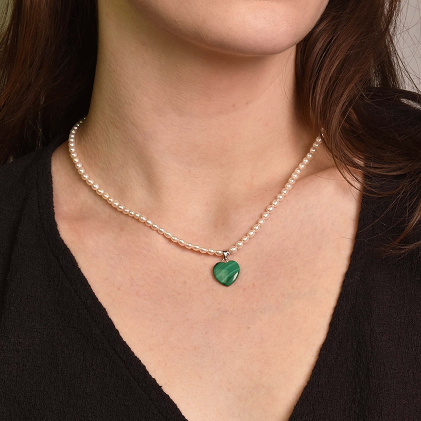 Sterling Silver White Freshwater Pearl Green Malachite Heart Pendant Necklace 18/19.5"