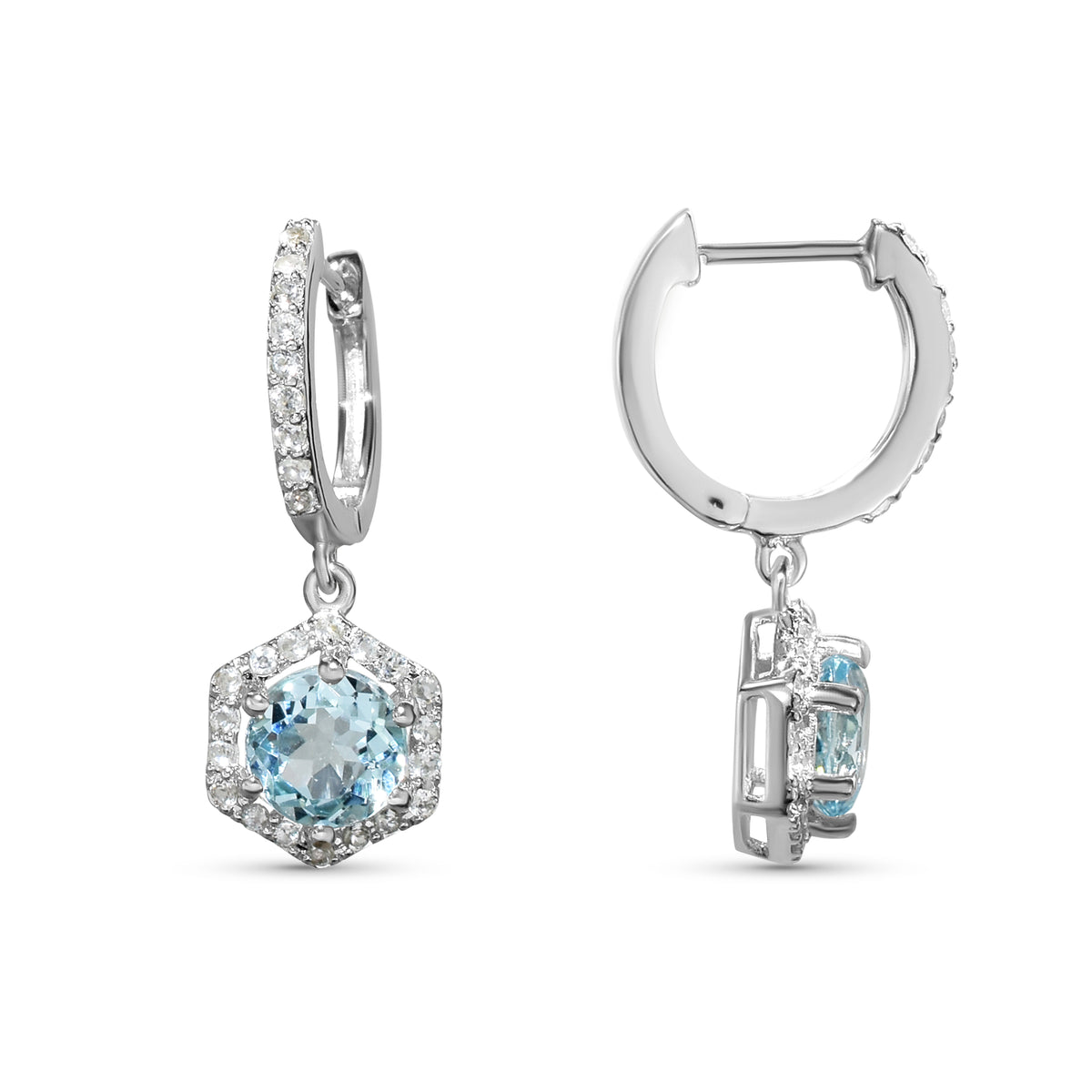 Sterling Silver Blue & White Topaz Hexagon Earring