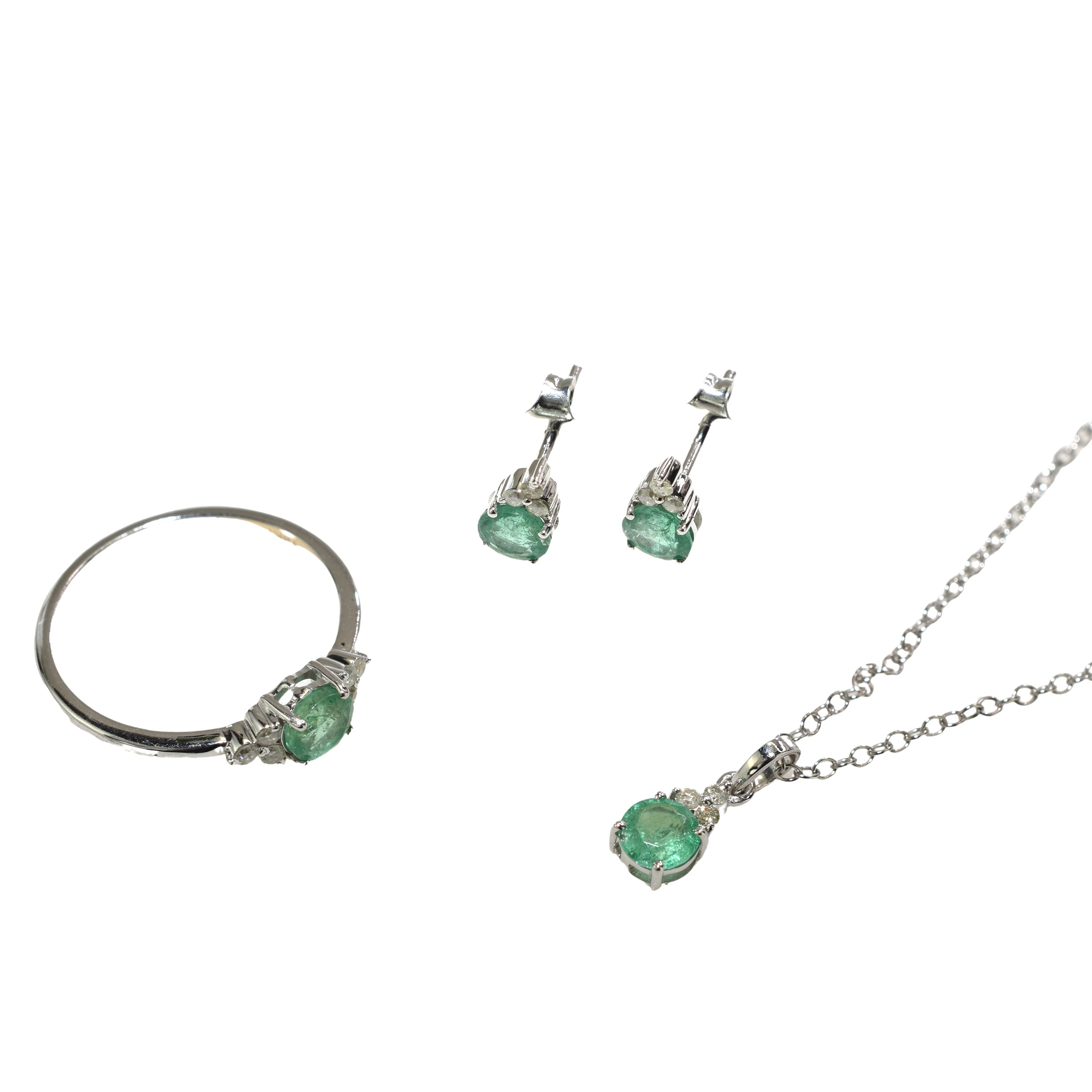 18k White Gold Emerald Diamond Earring, Necklace, Ring Set
