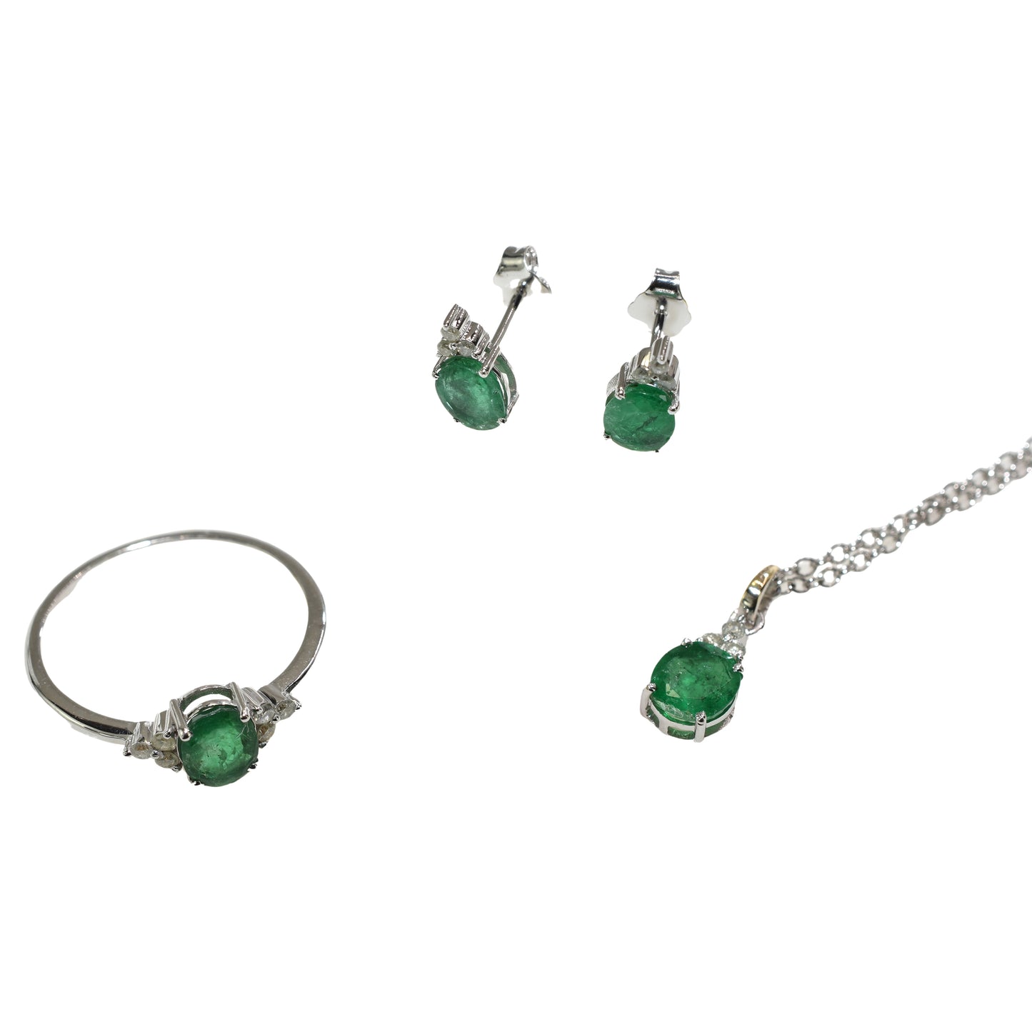 18k White Gold Emerald Round Diamond Set