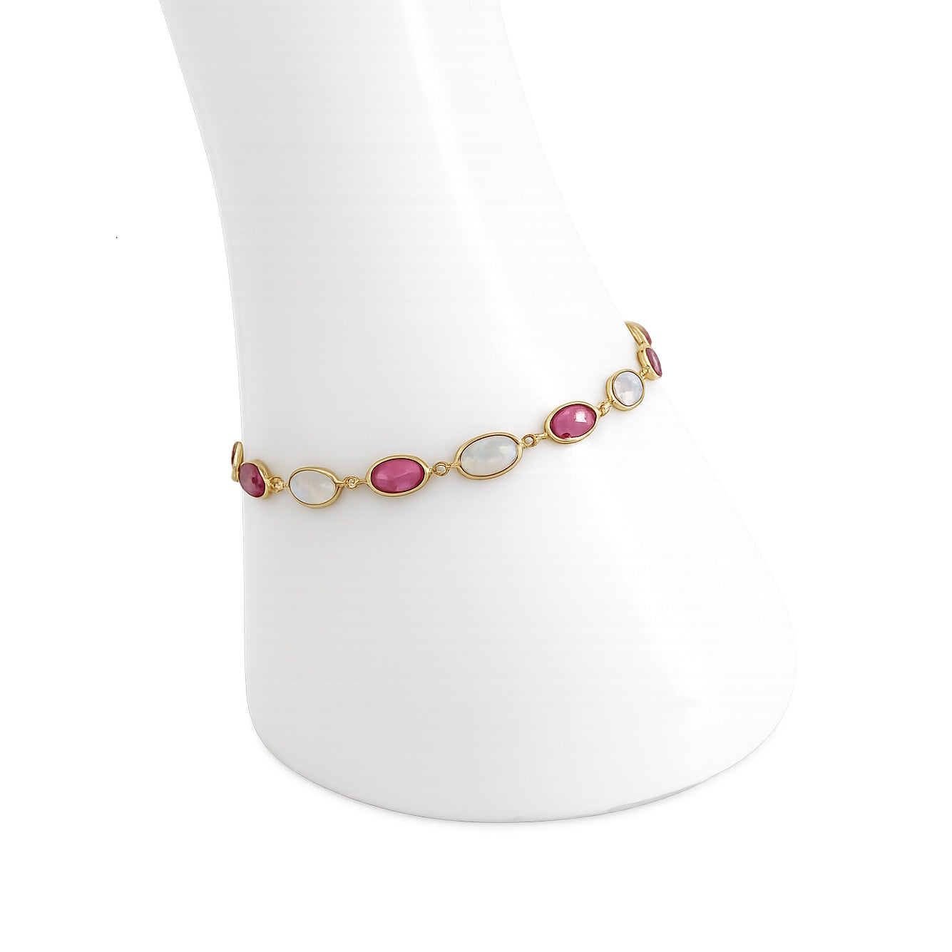18k Rainbow Moonstone & Tourmaline Uneven Stones Bezel Bracelet