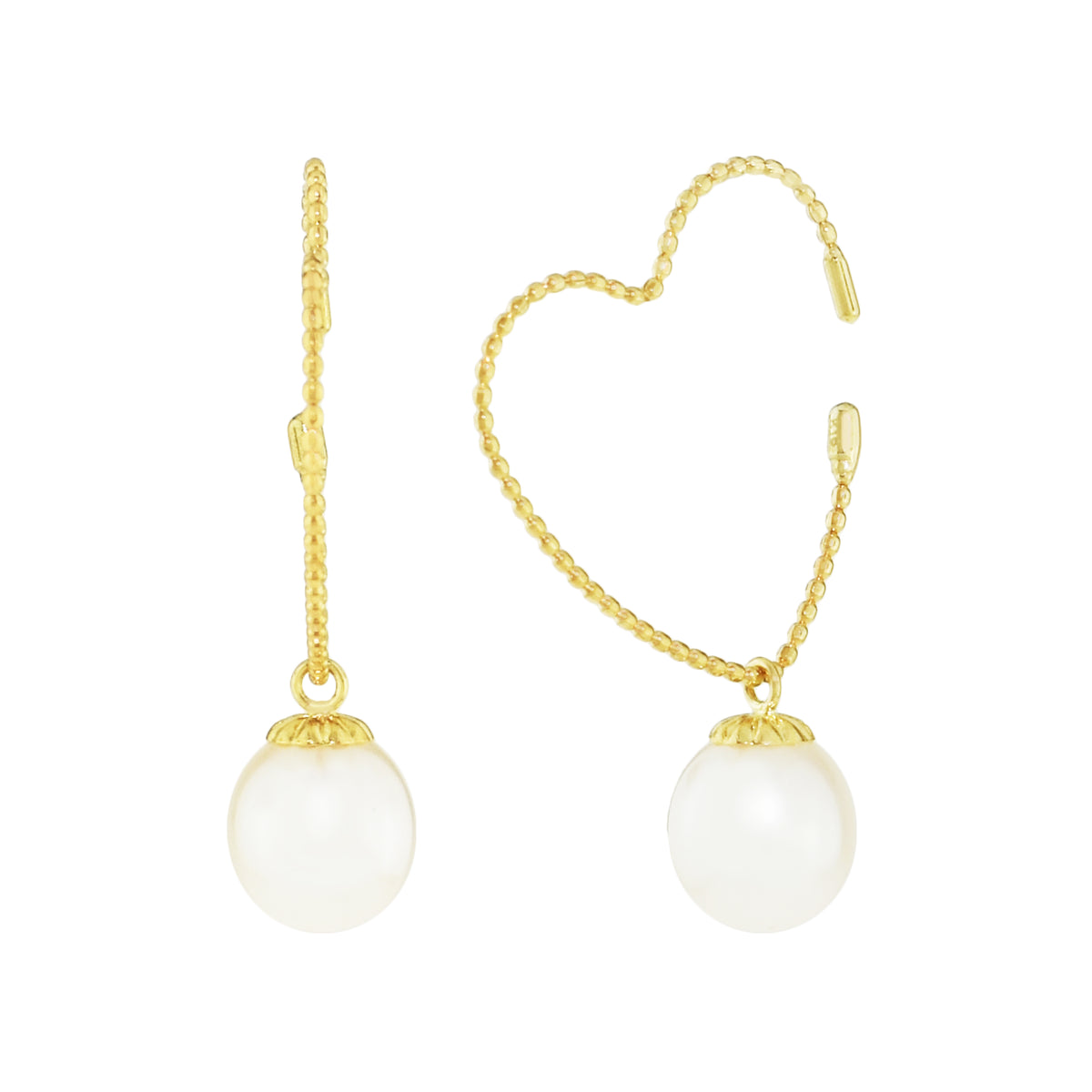 18k Yellow White Pearl DC Ball Open Heart Hoop Earring