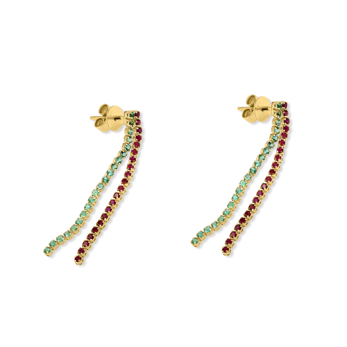 18k Ruby Emerald Dangling Tennis Earrings