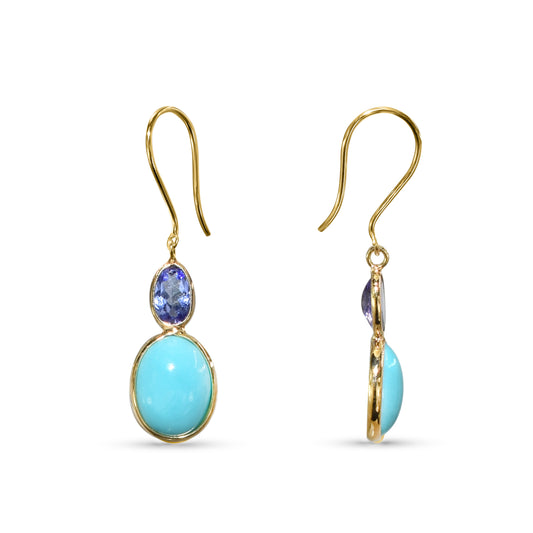 18k Oval Shaped Turquoise, Tanzanite Earring